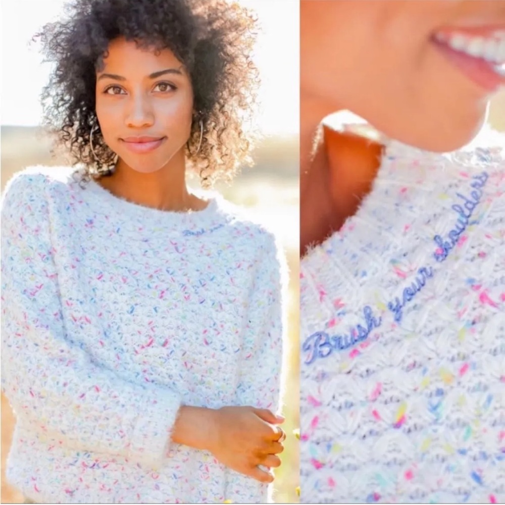 SMP Saturday Morning Pancakes White Confetti Multicolor Embroidered Sweater S/M